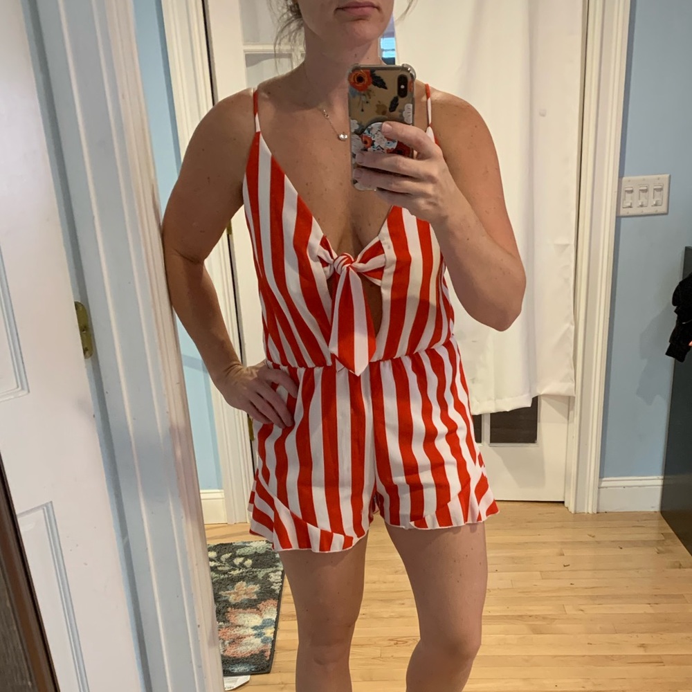 Striped romper with open tie in front